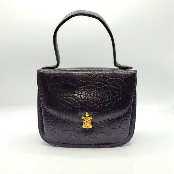 Vintage Brown Crocks embossed Small purse with Gold Turtle Accents Closure - Picture 3 of 16